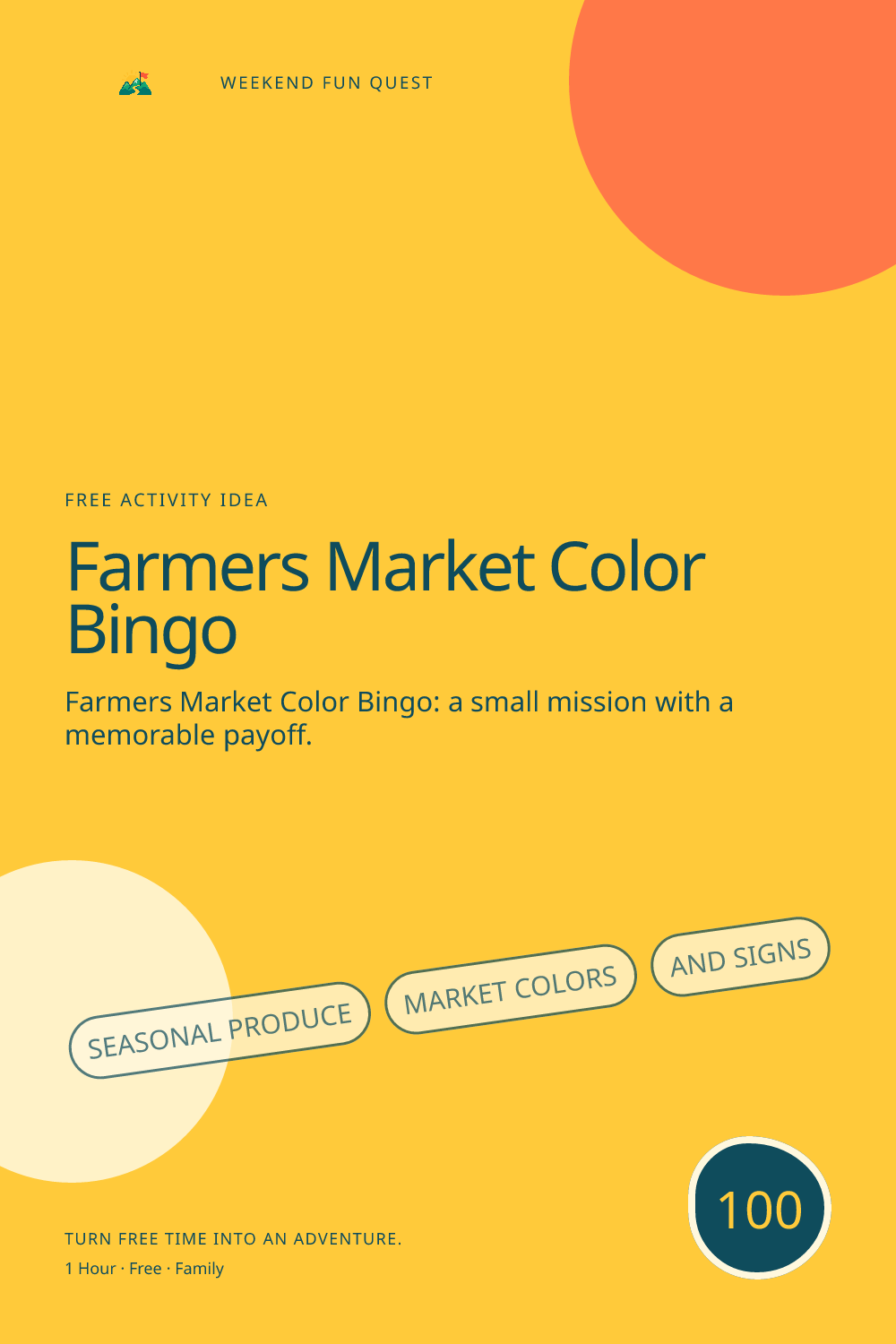 Vertical Pinterest activity illustration for farmers market color bingo featuring seasonal produce, market colors, and signs