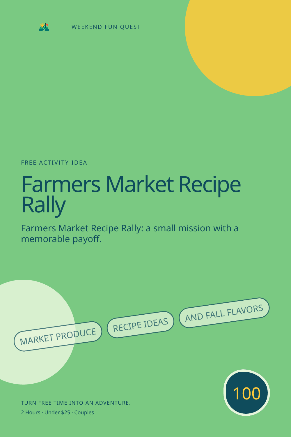 Vertical Pinterest activity illustration for farmers market recipe rally featuring market produce, recipe ideas, and fall flavors