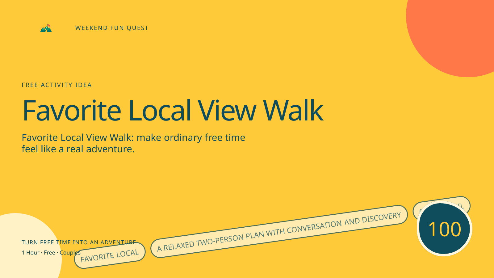 Wide Weekend Fun Quest illustration for favorite local view walk featuring a relaxed two-person plan with conversation and discovery