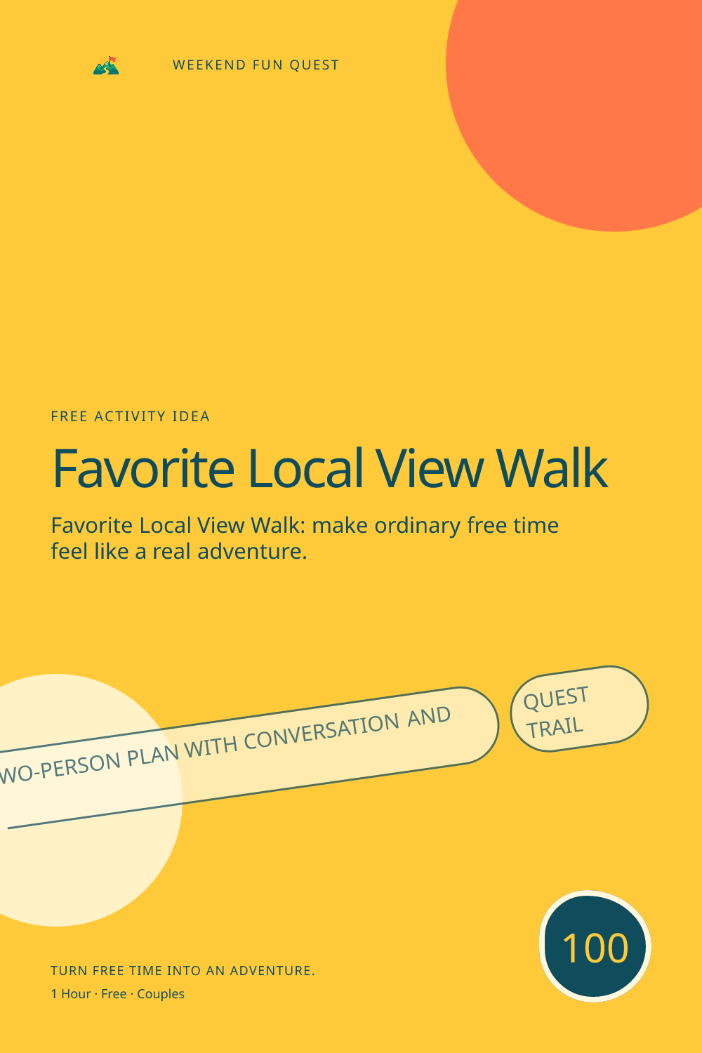Vertical Pinterest activity illustration for favorite local view walk featuring a relaxed two-person plan with conversation and discovery