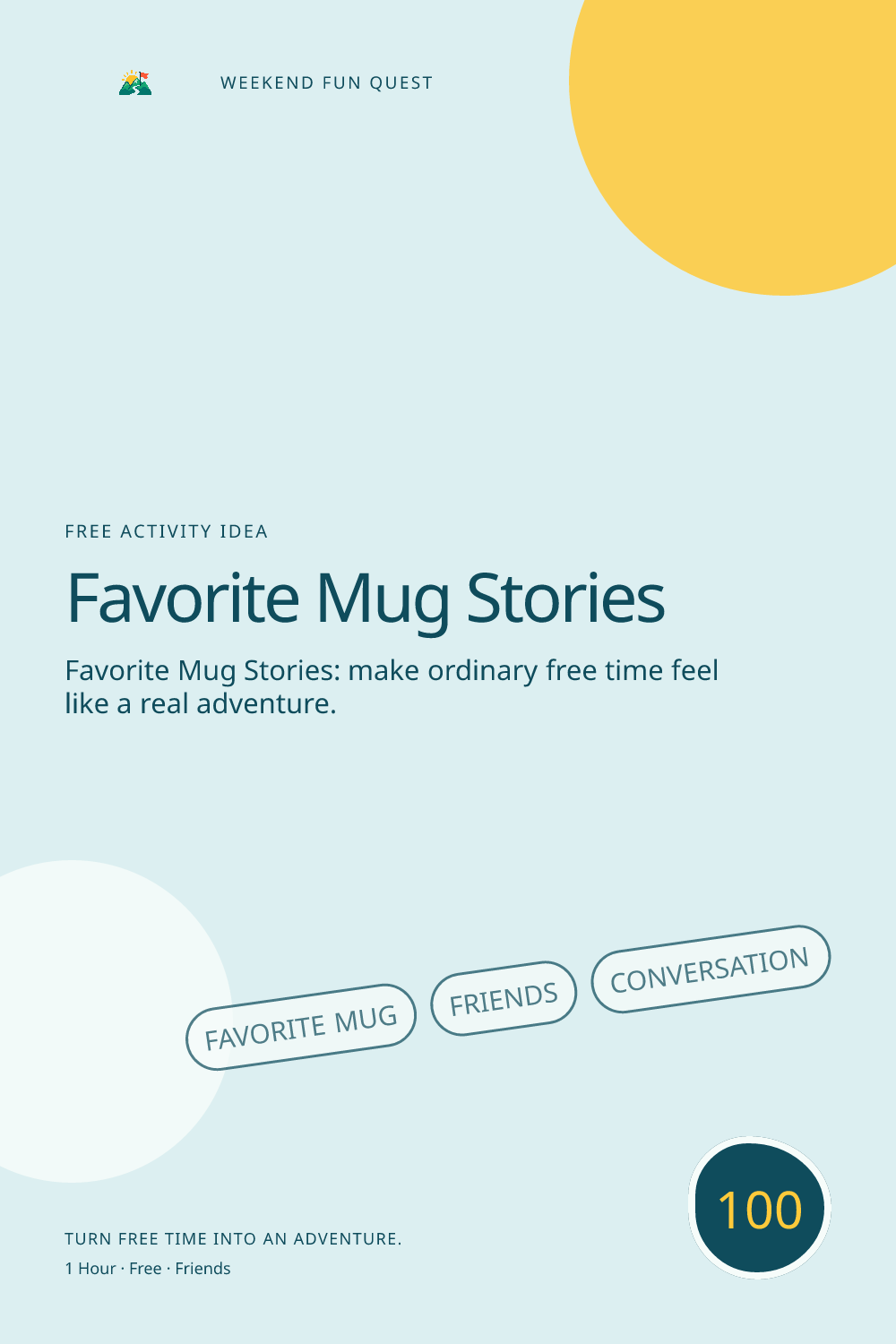 Vertical Pinterest activity illustration for favorite mug stories featuring friends, conversation, and a welcoming autumn hangout