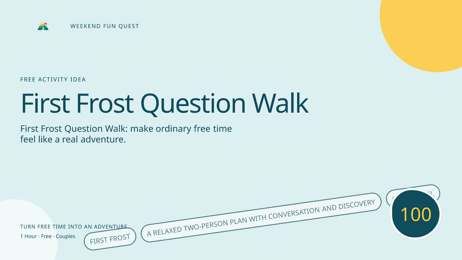 Wide Weekend Fun Quest illustration for first frost question walk featuring a relaxed two-person plan with conversation and discovery