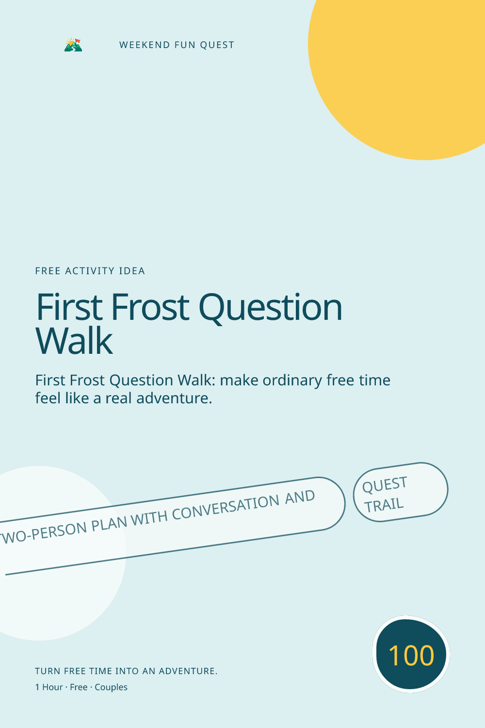 Vertical Pinterest activity illustration for first frost question walk featuring a relaxed two-person plan with conversation and discovery