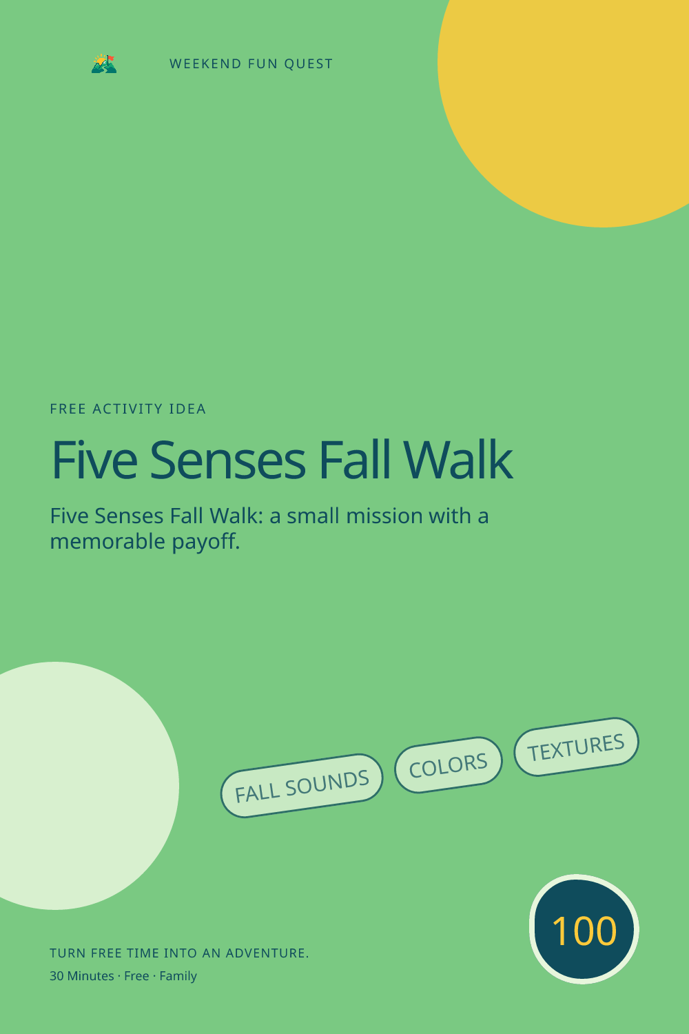 Vertical Pinterest activity illustration for five senses fall walk featuring fall sounds, colors, textures, and gentle walking clues
