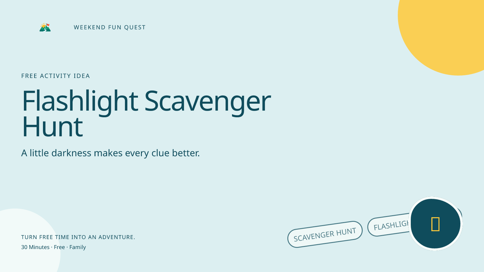 Flashlight Scavenger Hunt: wide Quest hero illustration showing scavenger hunt, flashlight, night for Weekend Fun Quest