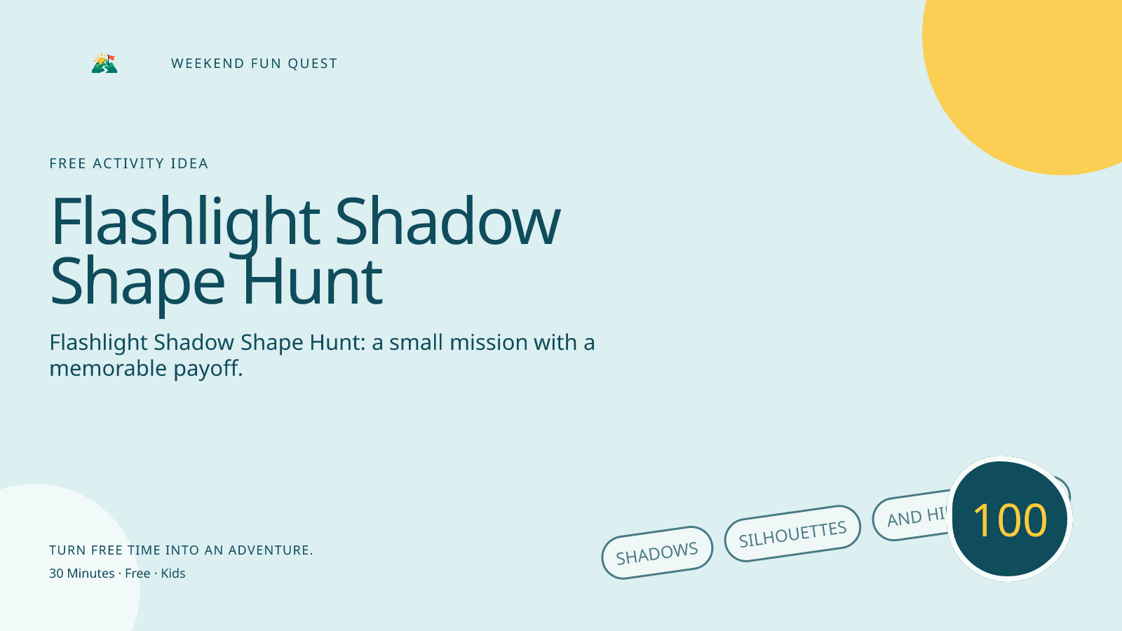 Wide Weekend Fun Quest illustration for flashlight shadow shape hunt featuring shadows, silhouettes, and hidden shapes