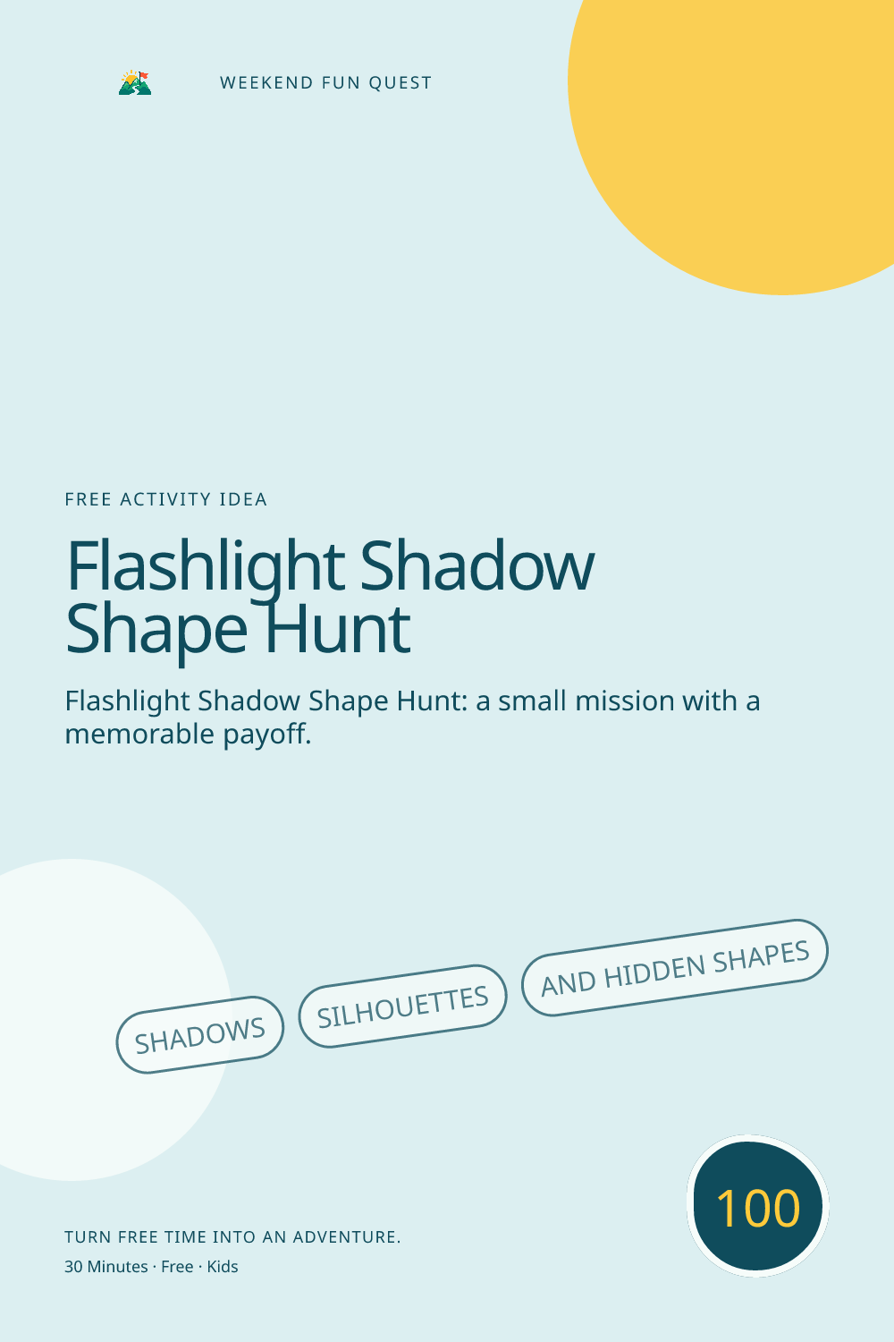 Vertical Pinterest activity illustration for flashlight shadow shape hunt featuring shadows, silhouettes, and hidden shapes