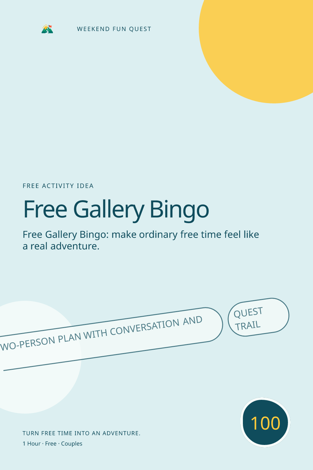 Vertical Pinterest activity illustration for free gallery bingo featuring a relaxed two-person plan with conversation and discovery