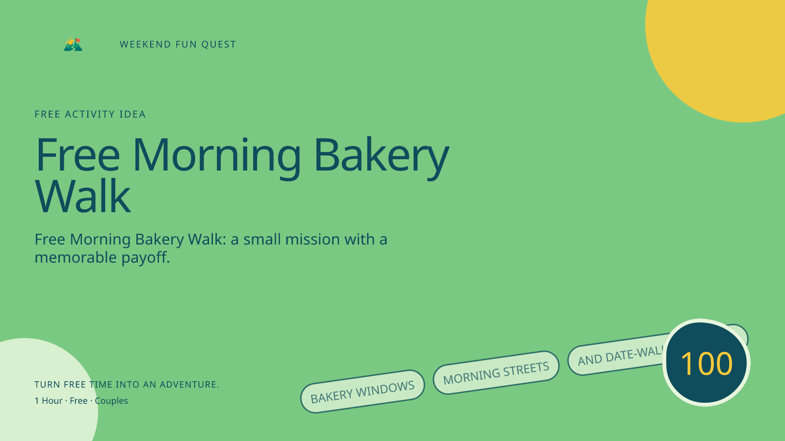Wide Weekend Fun Quest illustration for free morning bakery walk featuring bakery windows, morning streets, and date-walk questions