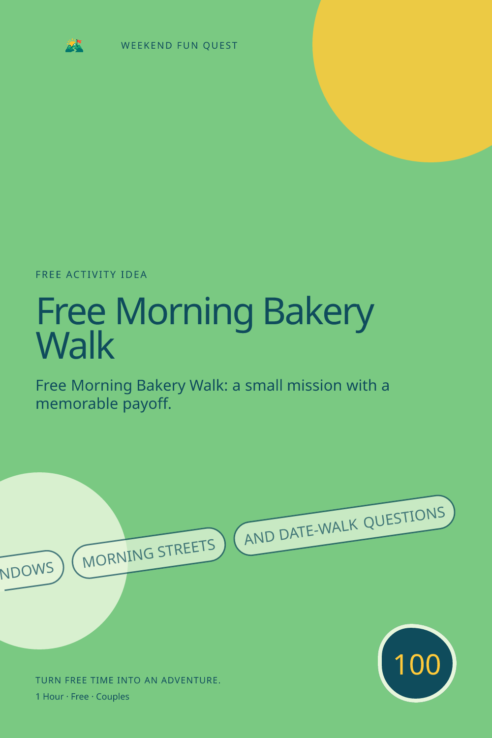 Vertical Pinterest activity illustration for free morning bakery walk featuring bakery windows, morning streets, and date-walk questions