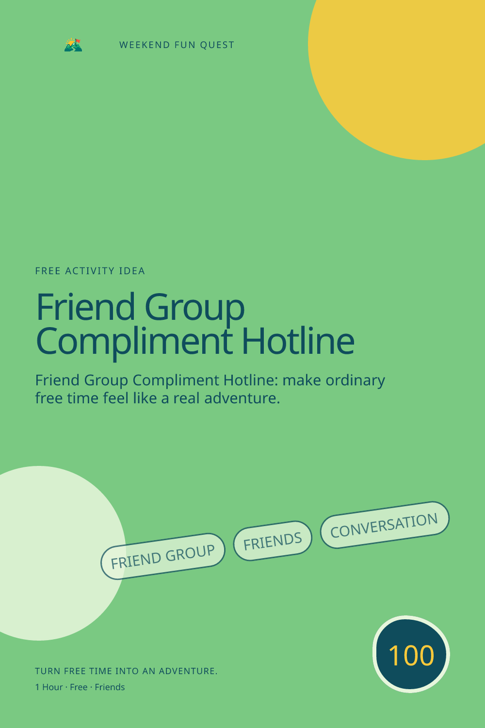 Vertical Pinterest activity illustration for friend group compliment hotline featuring friends, conversation, and a welcoming autumn hangout