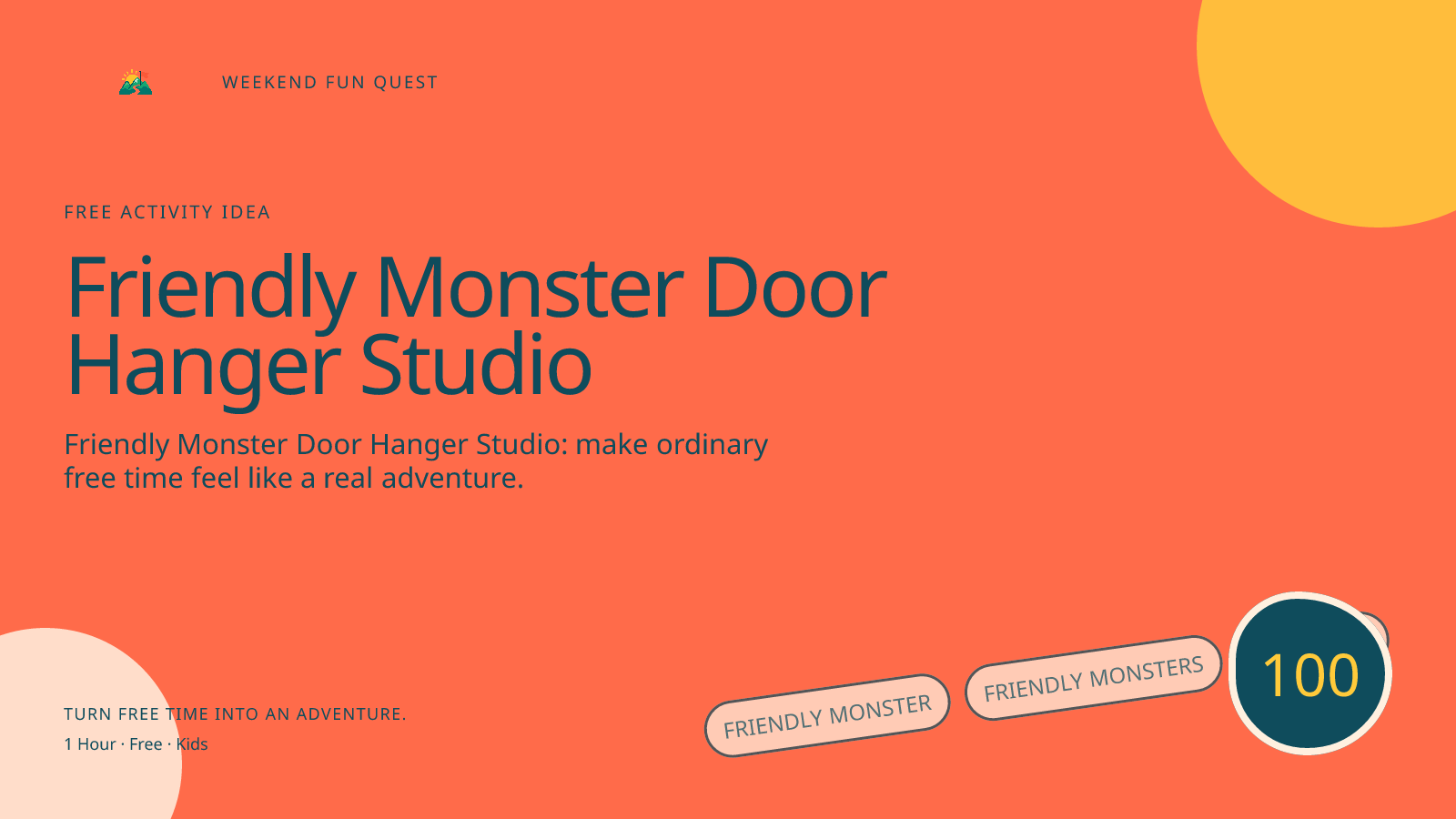 Wide Weekend Fun Quest illustration for friendly monster door hanger studio featuring friendly monsters, costumes, and Halloween imagination