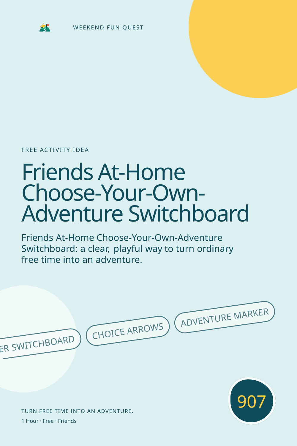 Vertical Pinterest for friends at-home choose-your-own-adventure switchboard featuring paper switchboard, choice arrows, adventure marker