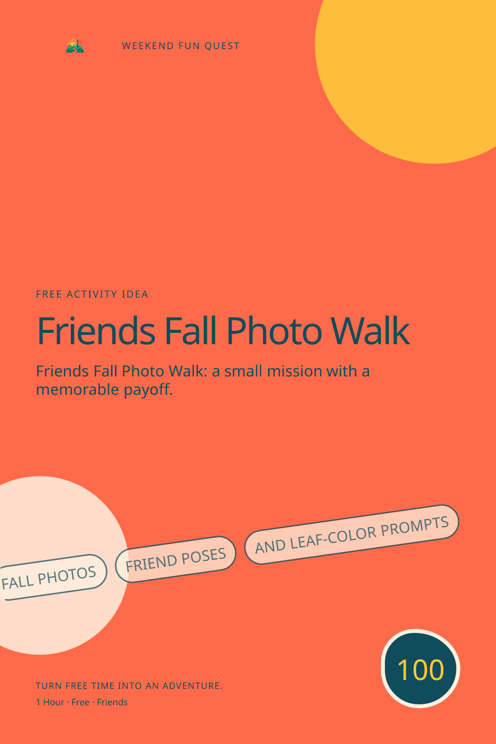 Vertical Pinterest activity illustration for friends fall photo walk featuring fall photos, friend poses, and leaf-color prompts