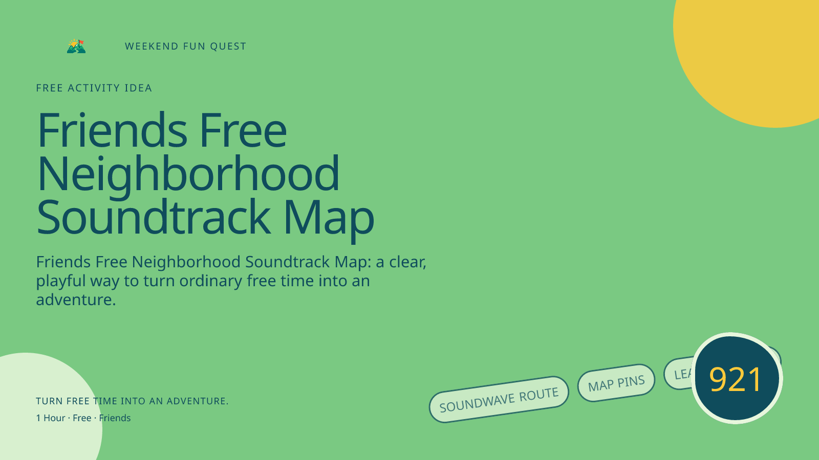 Wide hero for friends free neighborhood soundtrack map featuring soundwave route, map pins, leafy sidewalk