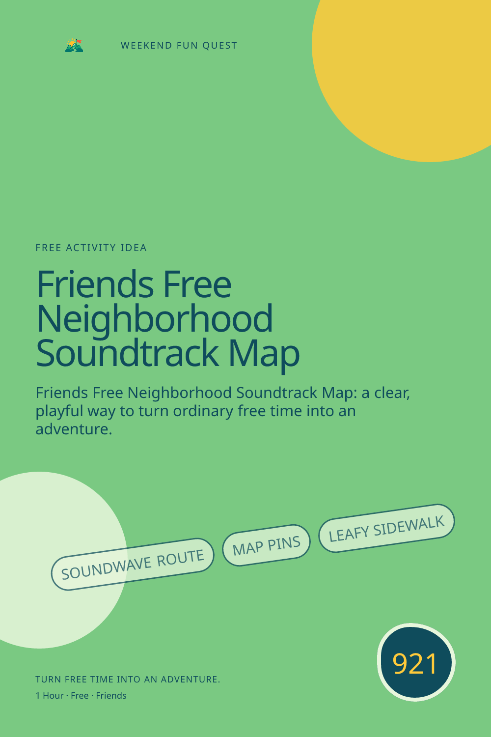 Vertical Pinterest for friends free neighborhood soundtrack map featuring soundwave route, map pins, leafy sidewalk