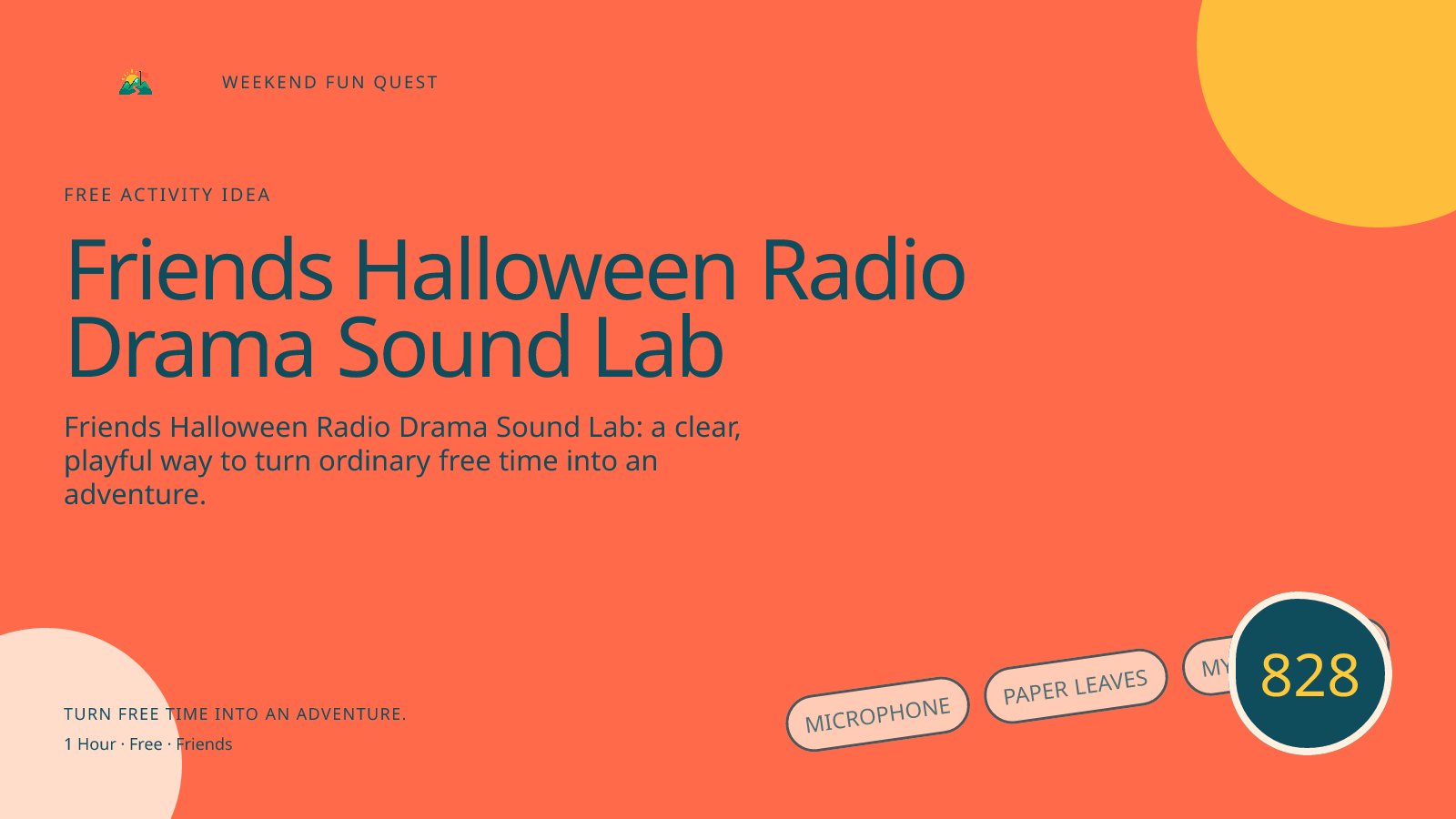 Wide hero Weekend Fun Quest illustration for friends halloween radio drama sound lab featuring microphone, paper leaves, mystery moon