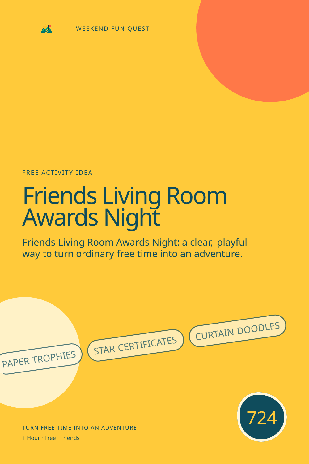 Vertical Pinterest Weekend Fun Quest illustration for friends living room awards night featuring paper trophies, star certificates, curtain doodles