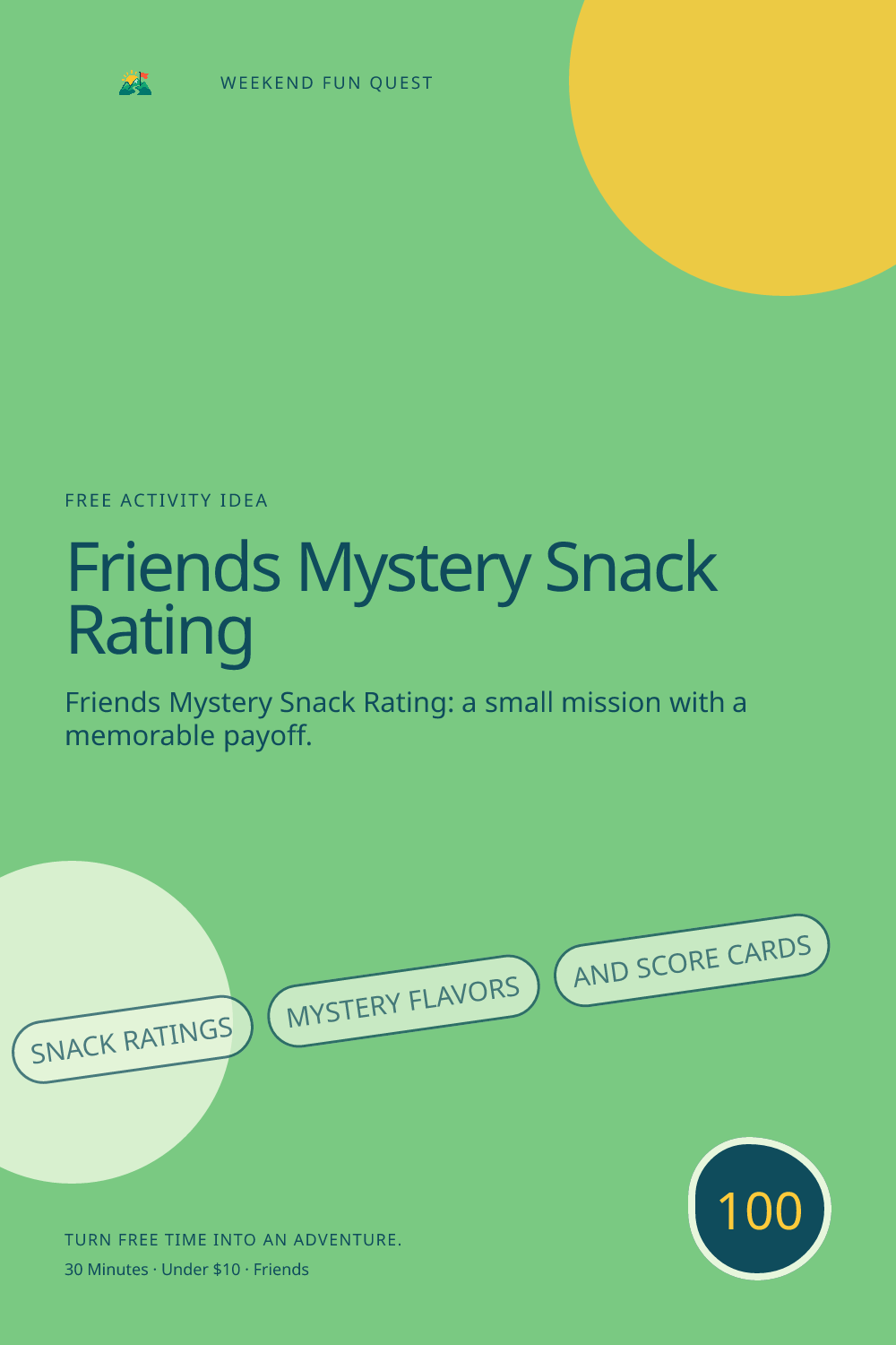 Vertical Pinterest activity illustration for friends mystery snack rating featuring snack ratings, mystery flavors, and score cards