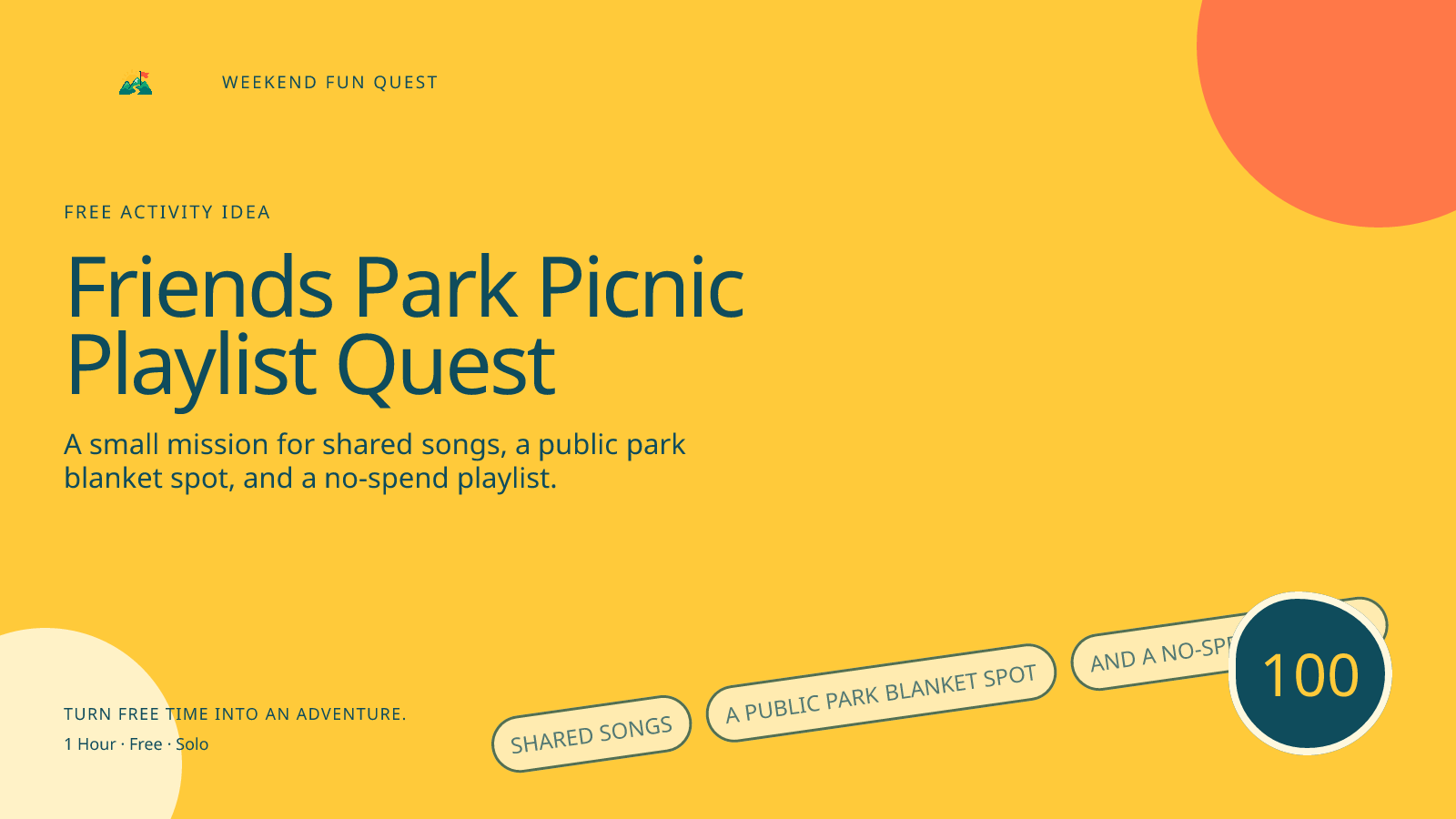 Wide Weekend Fun Quest illustration for friends park picnic playlist quest featuring shared songs, a public park blanket spot, and a no-spend playlist