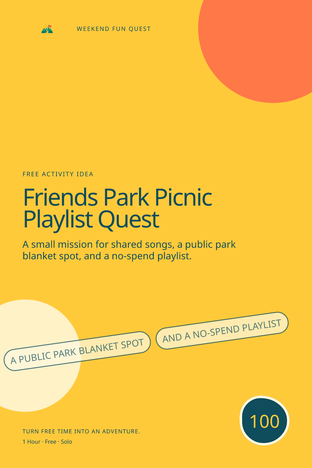 Vertical Pinterest graphic for friends park picnic playlist quest featuring shared songs, a public park blanket spot, and a no-spend playlist and a quest trail