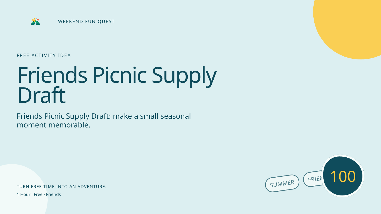 Wide Weekend Fun Quest illustration for friends picnic supply draft featuring draft free picnic roles, games, and comfort items before a shared park hangout