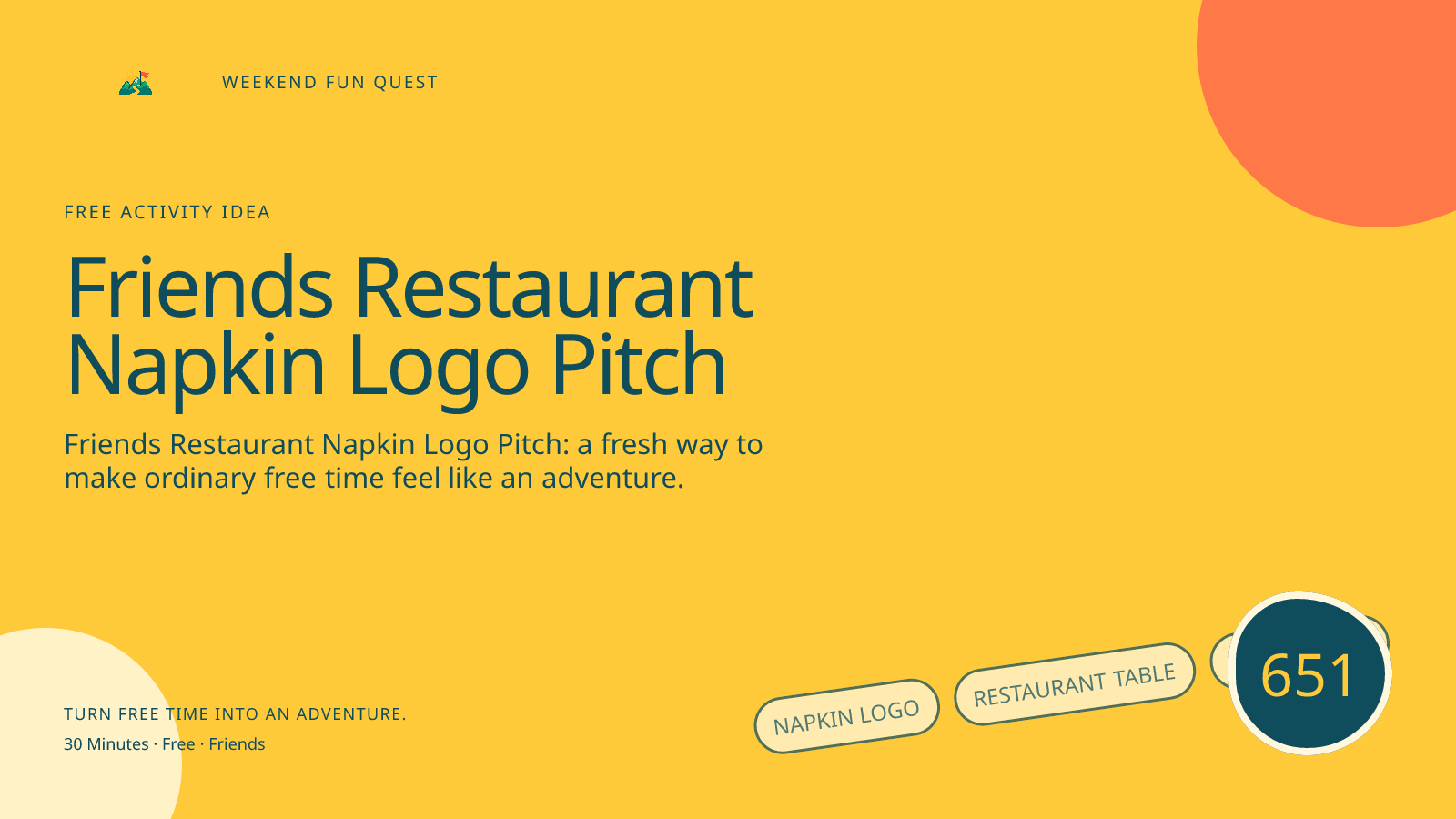 Wide Weekend Fun Quest illustration for friends restaurant napkin logo pitch featuring napkin logo, restaurant table, brand pitch