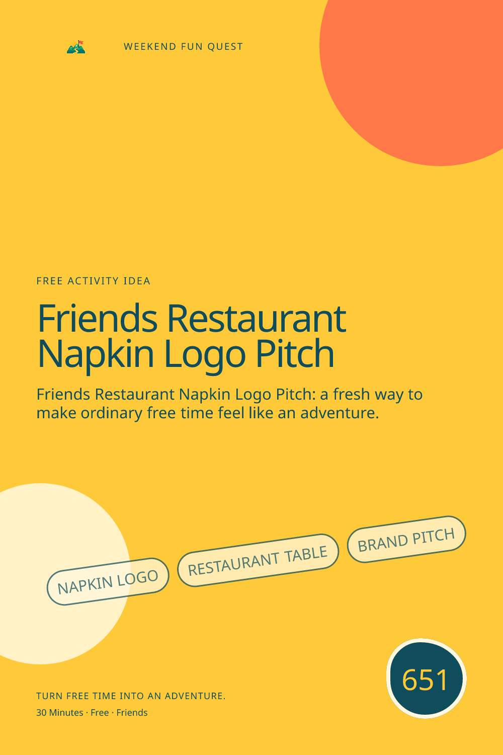 Vertical Pinterest Weekend Fun Quest illustration for friends restaurant napkin logo pitch featuring napkin logo, restaurant table, brand pitch