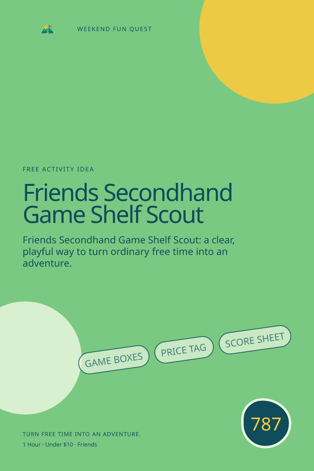 Vertical Pinterest Weekend Fun Quest illustration for friends secondhand game shelf scout featuring game boxes, price tag, score sheet