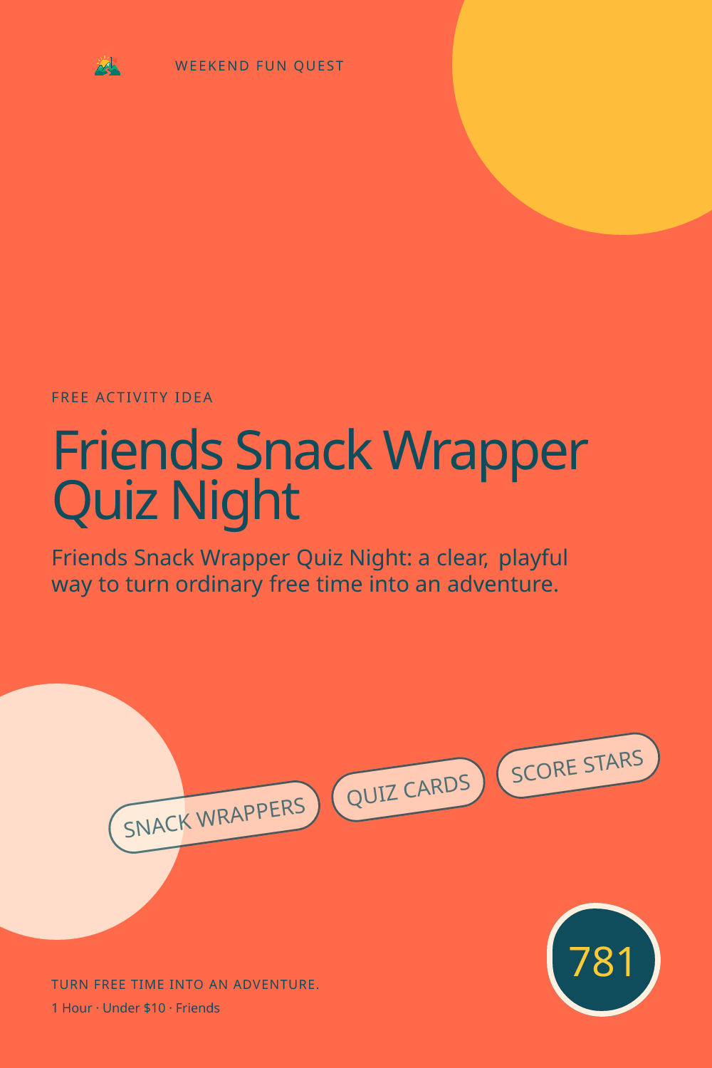 Vertical Pinterest Weekend Fun Quest illustration for friends snack wrapper quiz night featuring snack wrappers, quiz cards, score stars