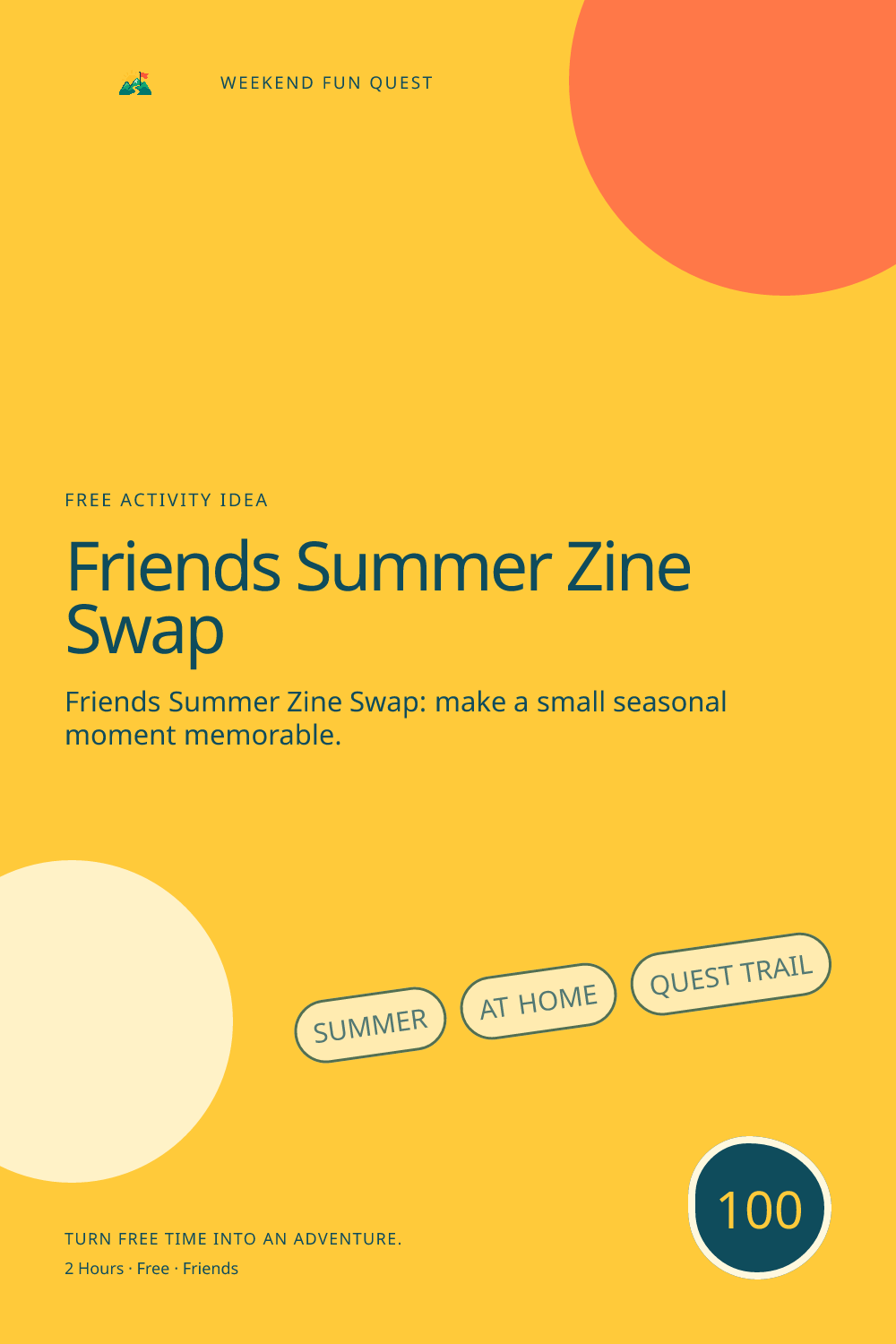 Vertical Pinterest illustration for friends summer zine swap featuring make one-page mini zines about an ideal local summer day and trade them