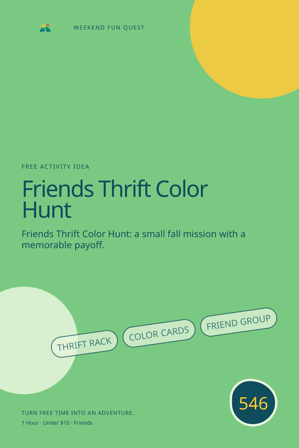 Vertical Pinterest Weekend Fun Quest illustration for friends thrift color hunt featuring thrift rack, color cards, friend group