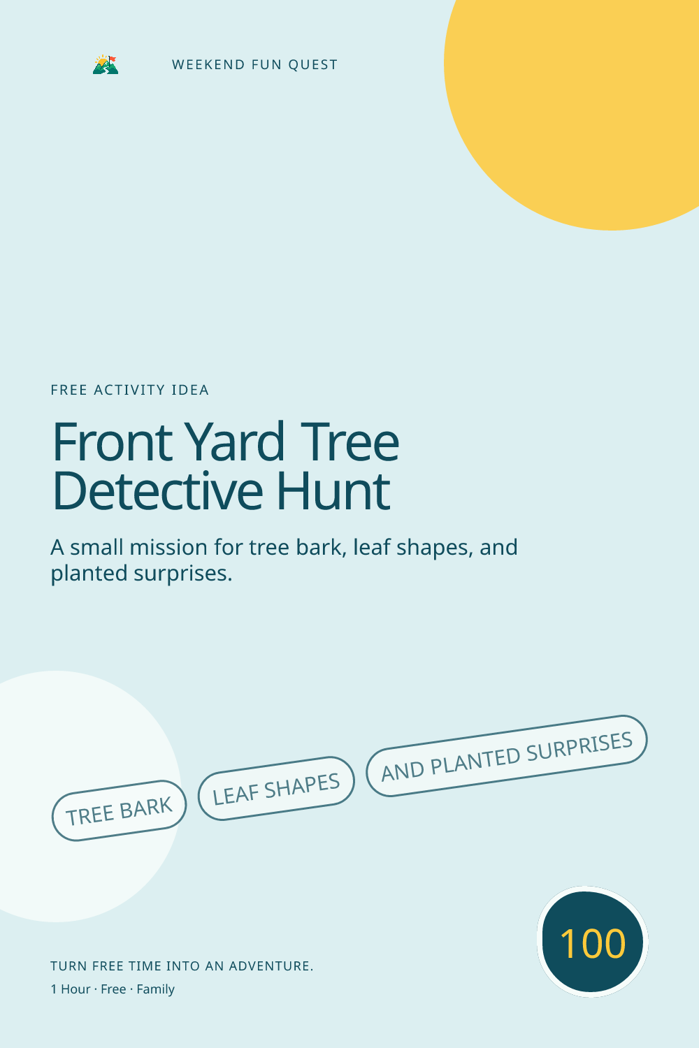 Vertical Pinterest graphic for front yard tree detective hunt featuring tree bark, leaf shapes, and planted surprises and a quest trail