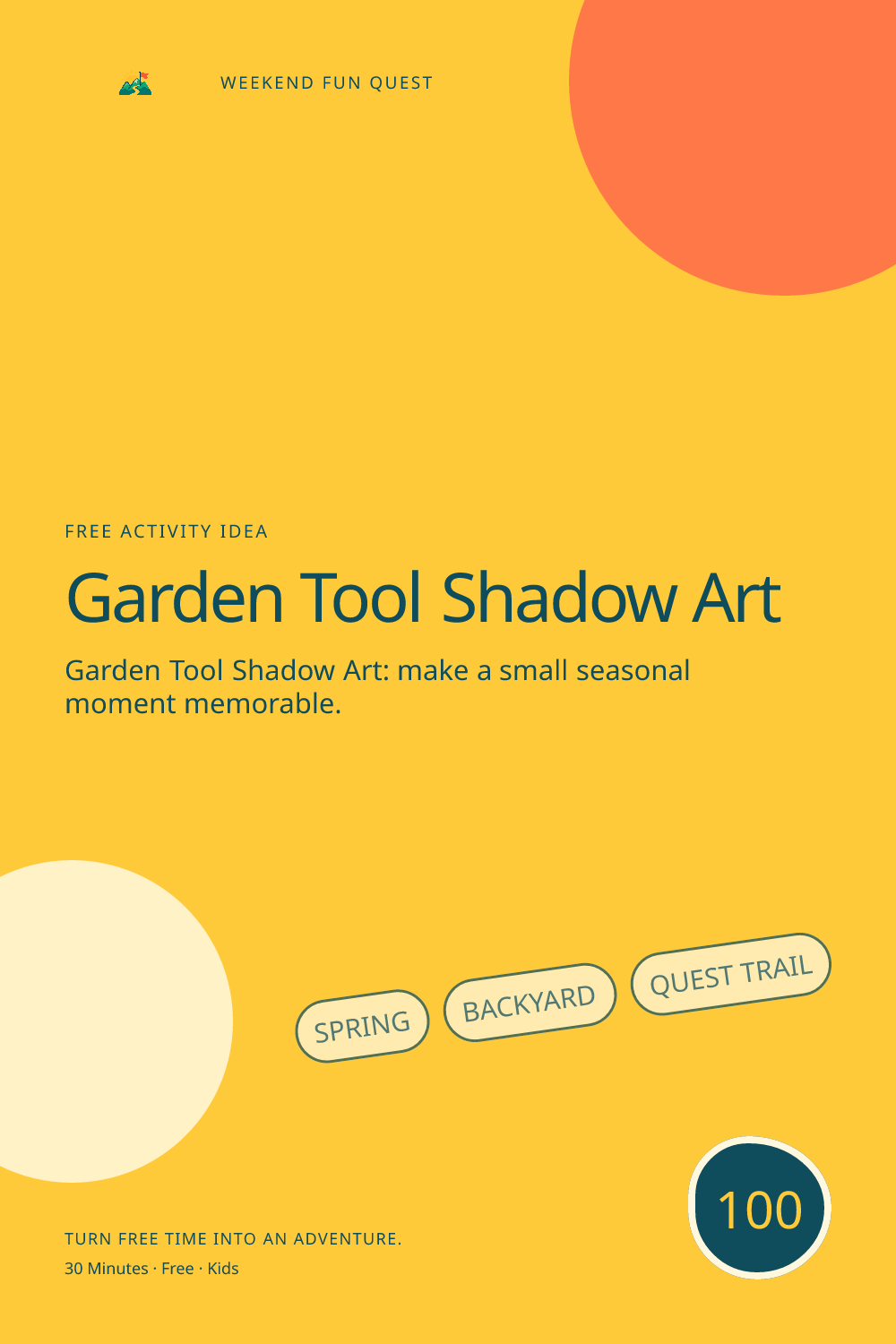Vertical Pinterest illustration for garden tool shadow art featuring trace only safely placed garden-tool shadows into an imaginative poster