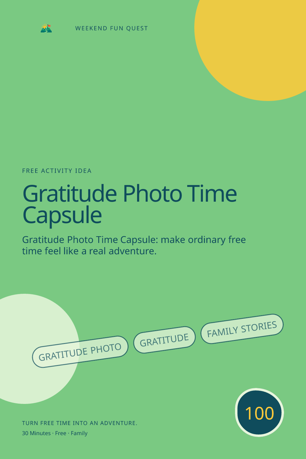 Vertical Pinterest activity illustration for gratitude photo time capsule featuring gratitude, family stories, and practical November traditions