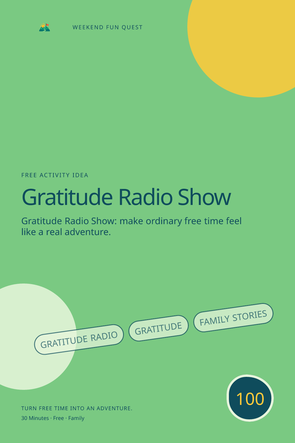 Vertical Pinterest activity illustration for gratitude radio show featuring gratitude, family stories, and practical November traditions