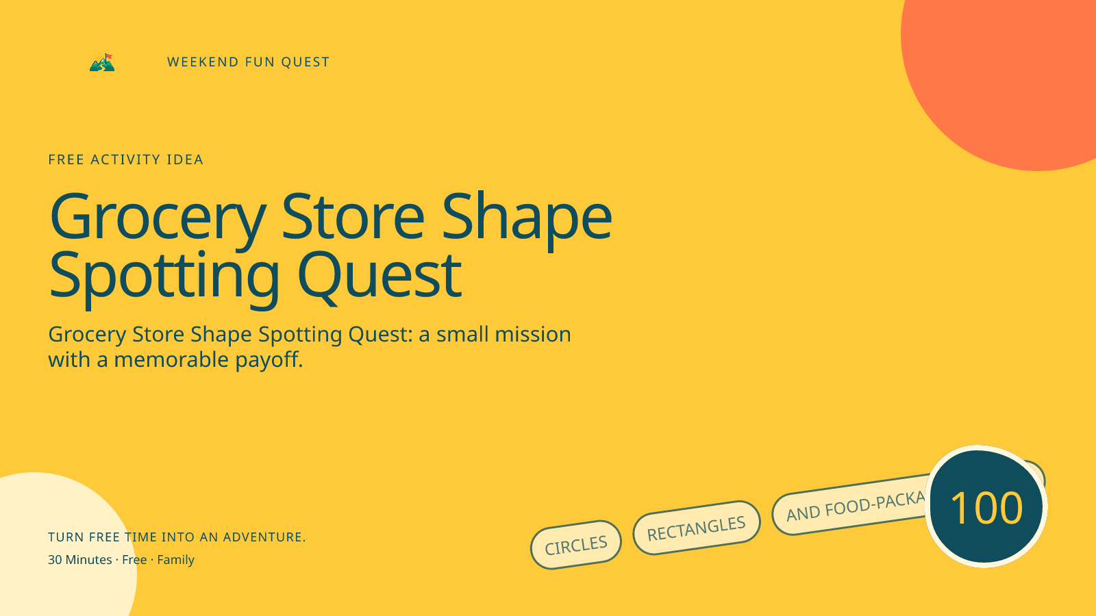 Wide Weekend Fun Quest illustration for grocery store shape spotting quest featuring circles, rectangles, and food-package patterns