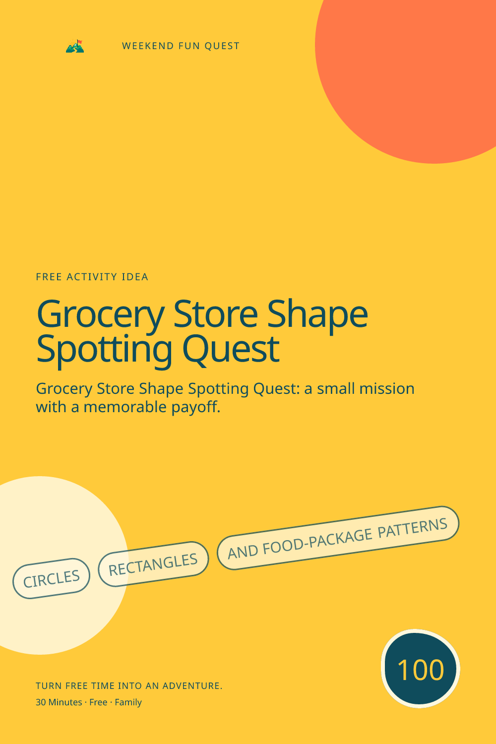 Vertical Pinterest activity illustration for grocery store shape spotting quest featuring circles, rectangles, and food-package patterns