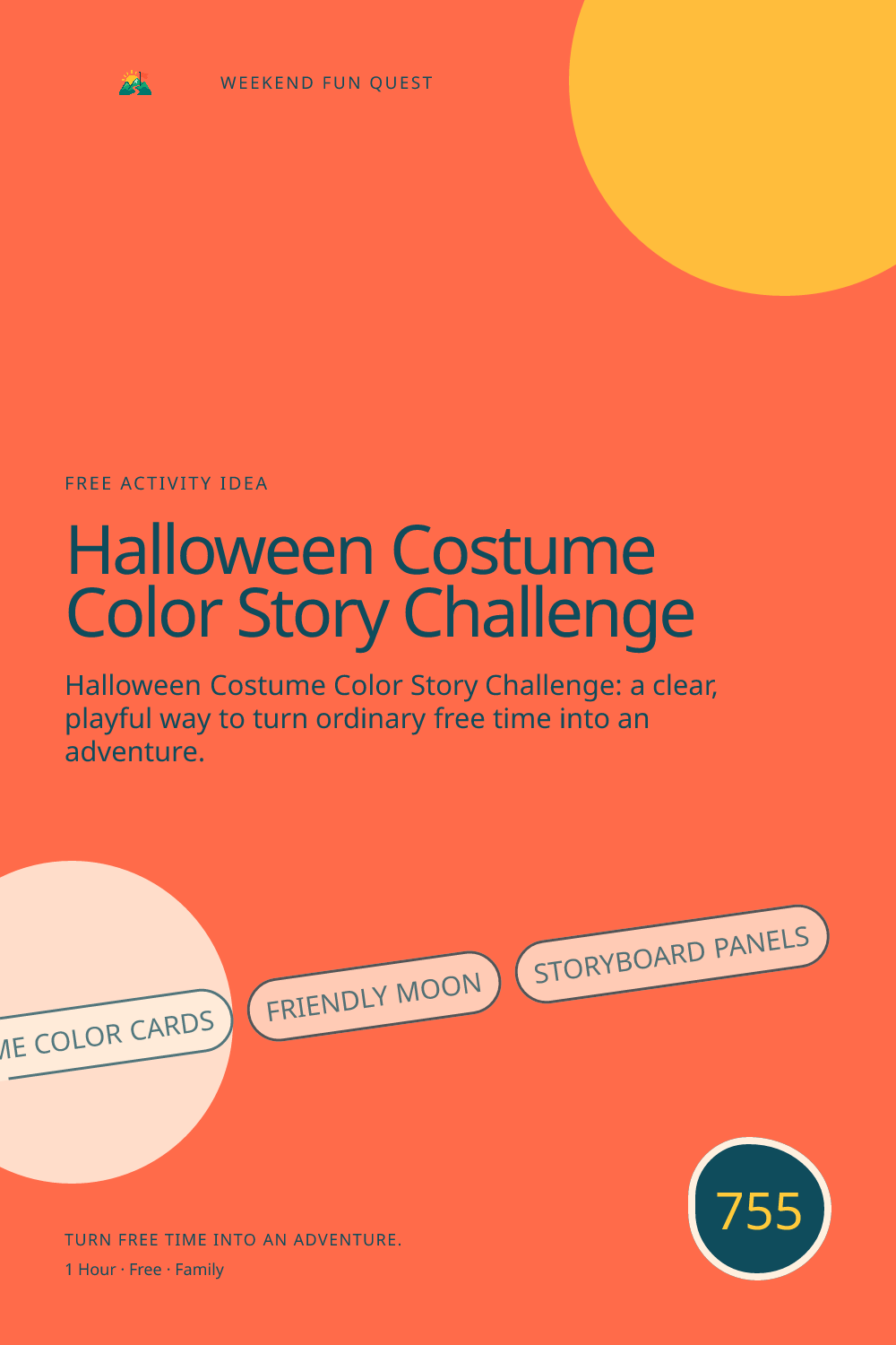 Vertical Pinterest Weekend Fun Quest illustration for halloween costume color story challenge featuring costume color cards, friendly moon, storyboard panels