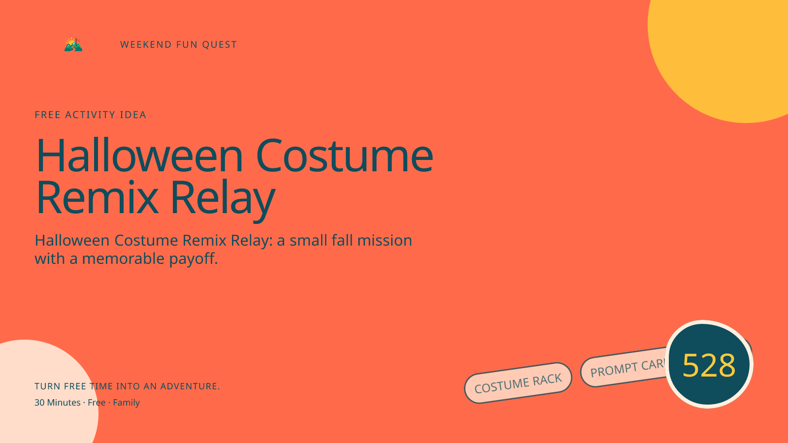 Wide Weekend Fun Quest illustration for halloween costume remix relay featuring costume rack, prompt cards, timer