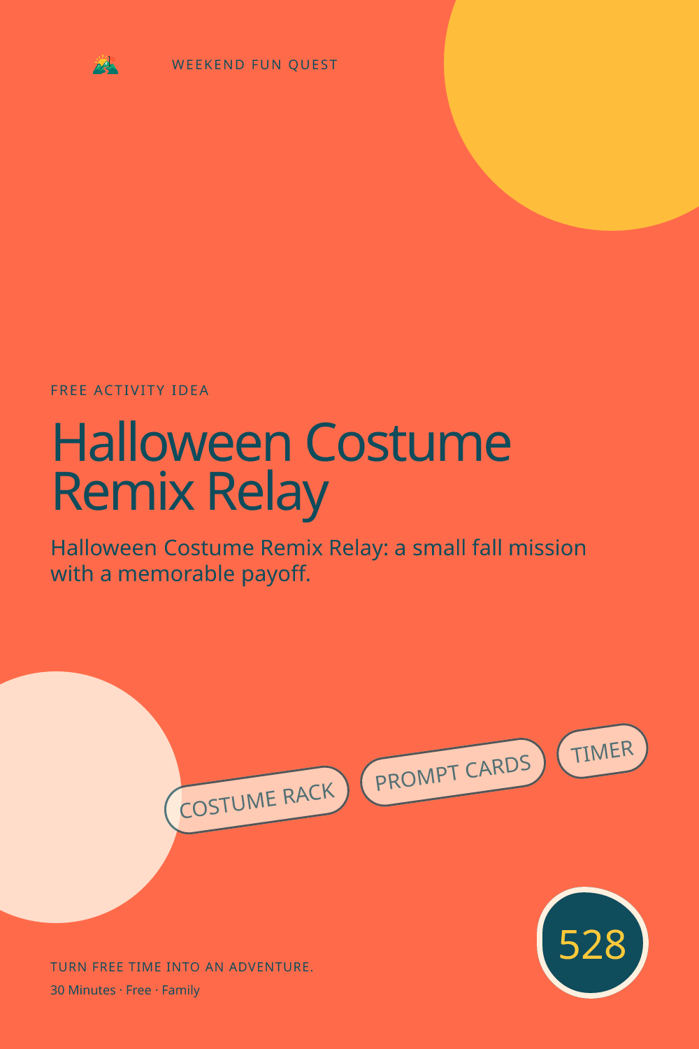 Vertical Pinterest Weekend Fun Quest illustration for halloween costume remix relay featuring costume rack, prompt cards, timer