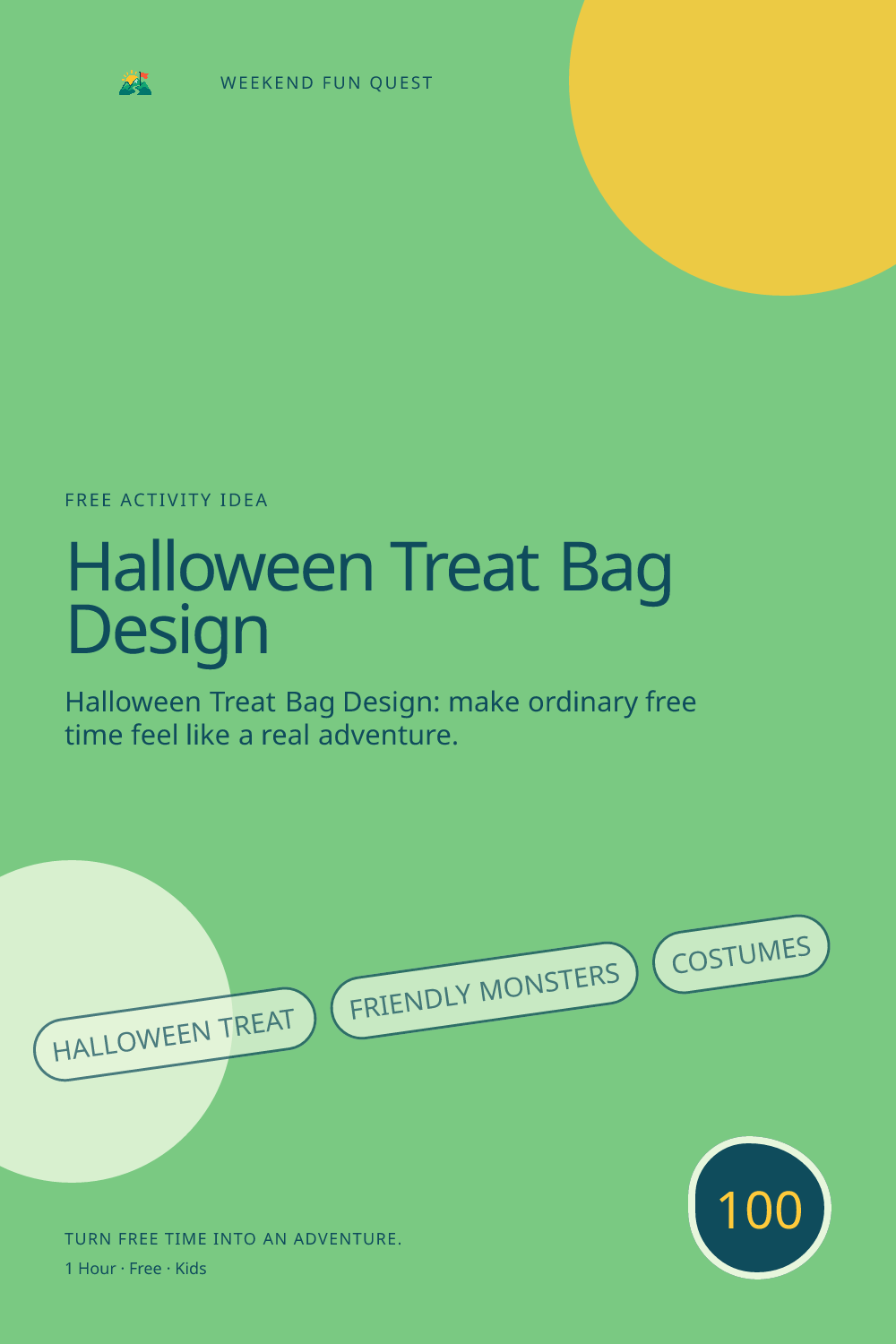 Vertical Pinterest activity illustration for halloween treat bag design featuring friendly monsters, costumes, and Halloween imagination