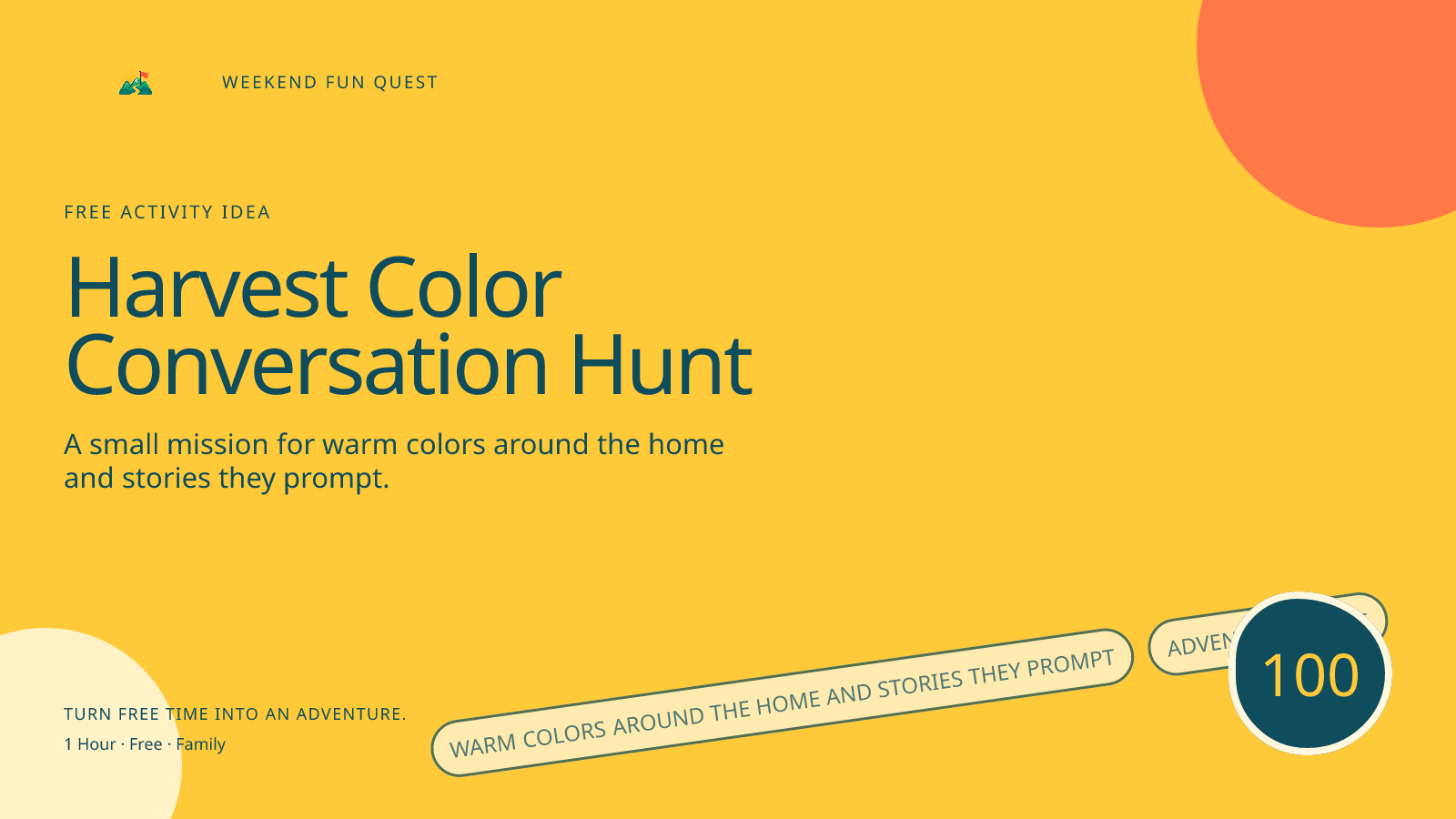 Wide Weekend Fun Quest illustration for harvest color conversation hunt featuring warm colors around the home and stories they prompt