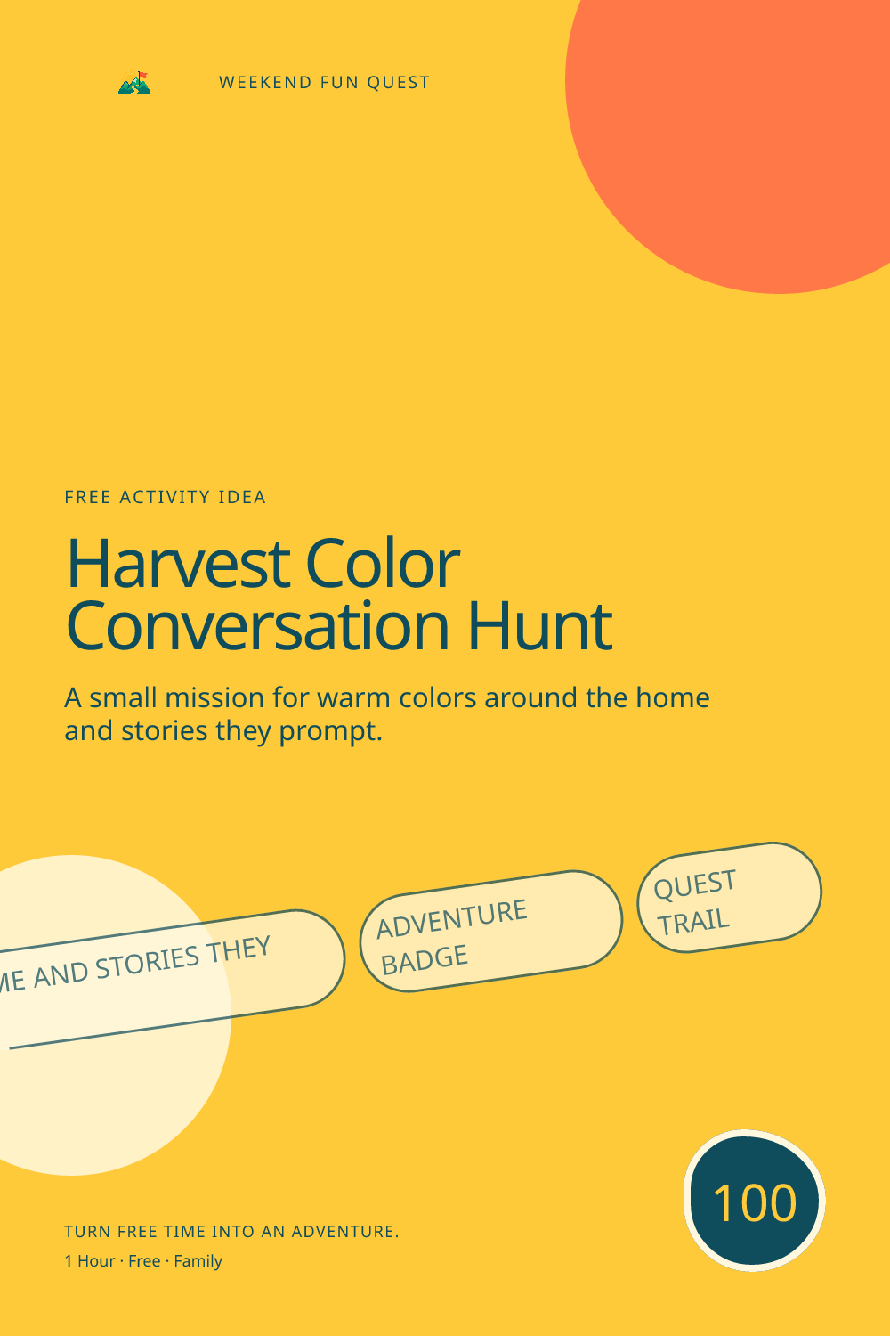 Vertical Pinterest graphic for harvest color conversation hunt featuring warm colors around the home and stories they prompt and a quest trail