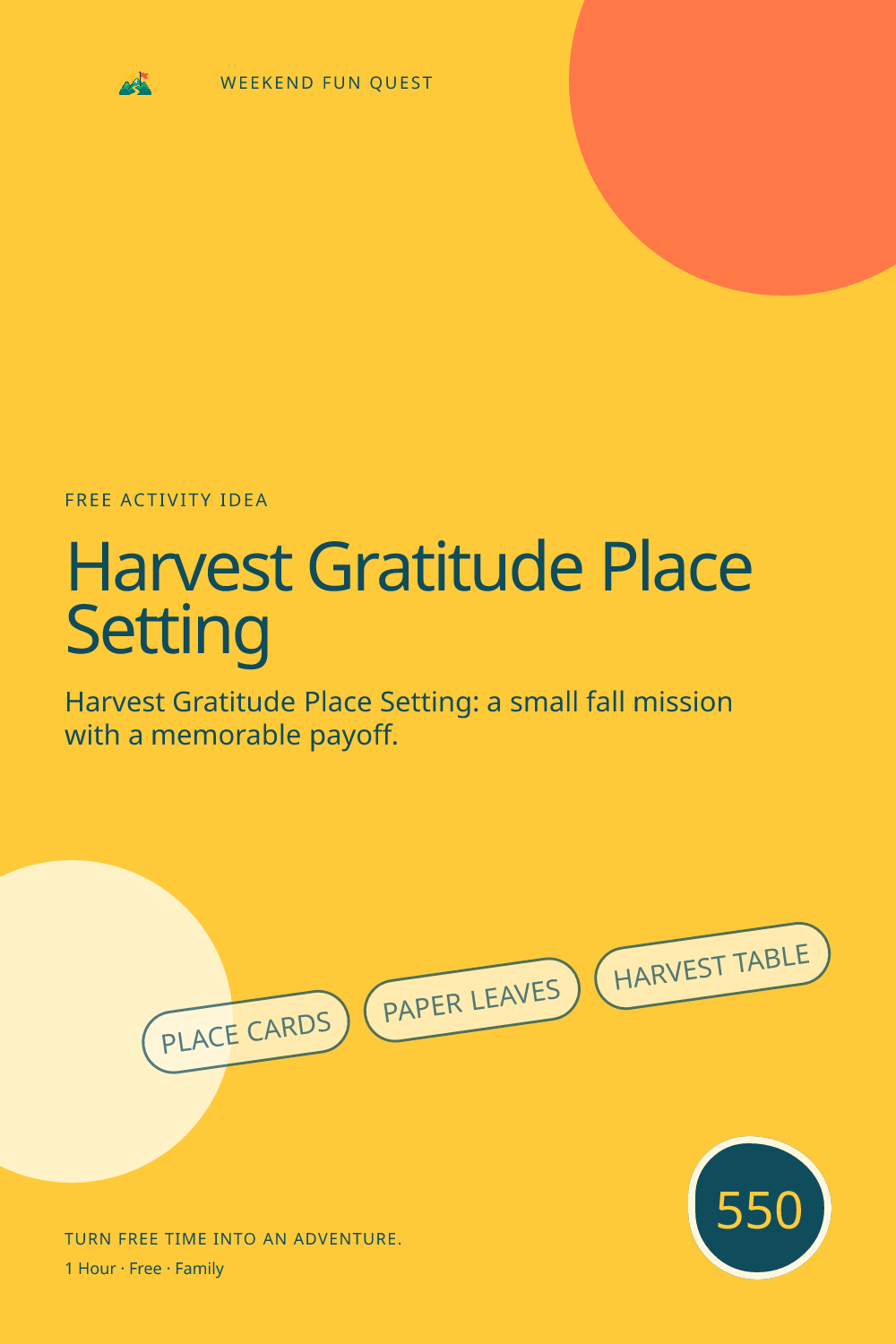 Vertical Pinterest Weekend Fun Quest illustration for harvest gratitude place setting featuring place cards, paper leaves, harvest table