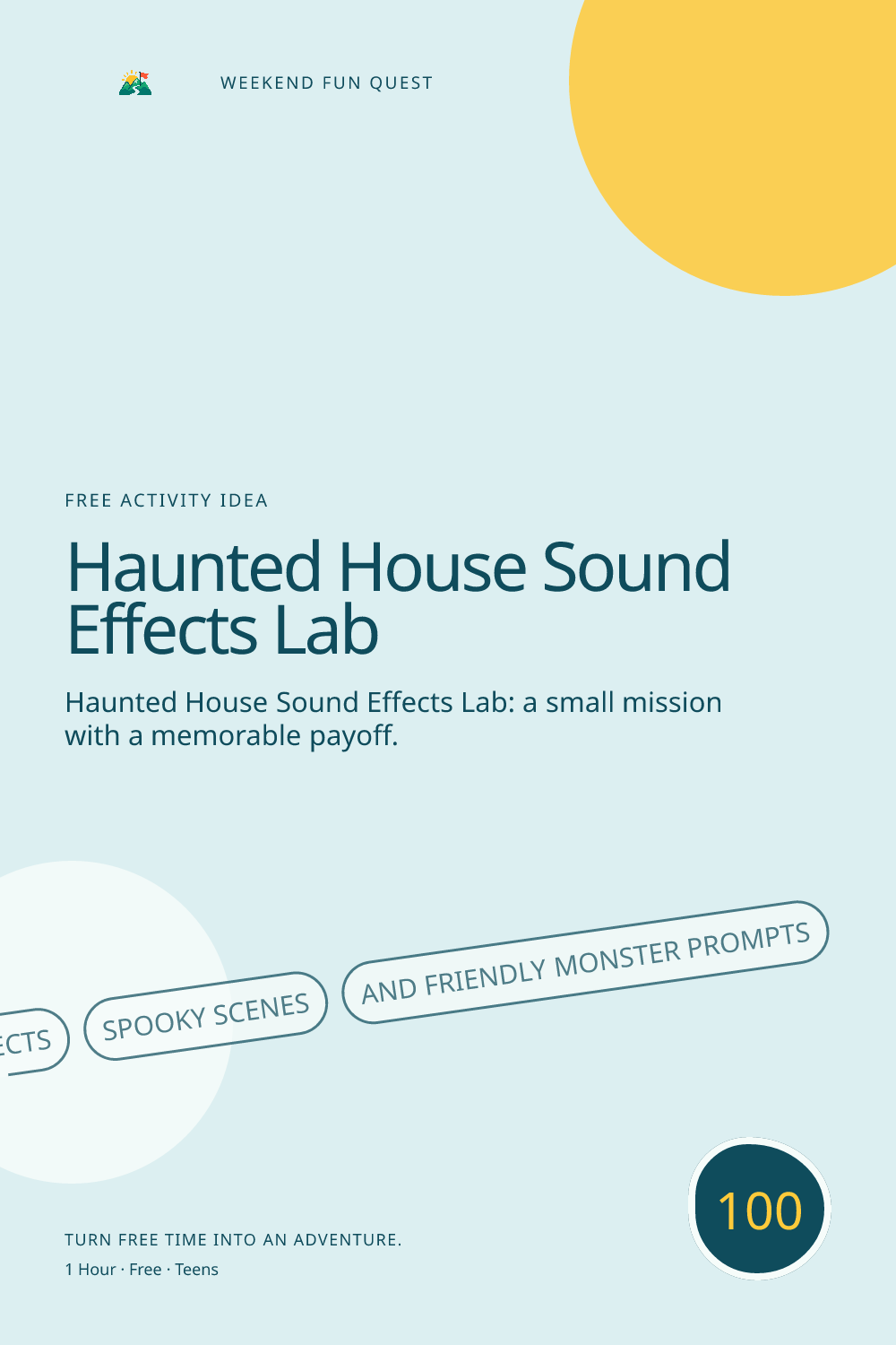 Vertical Pinterest activity illustration for haunted house sound effects lab featuring sound effects, spooky scenes, and friendly monster prompts