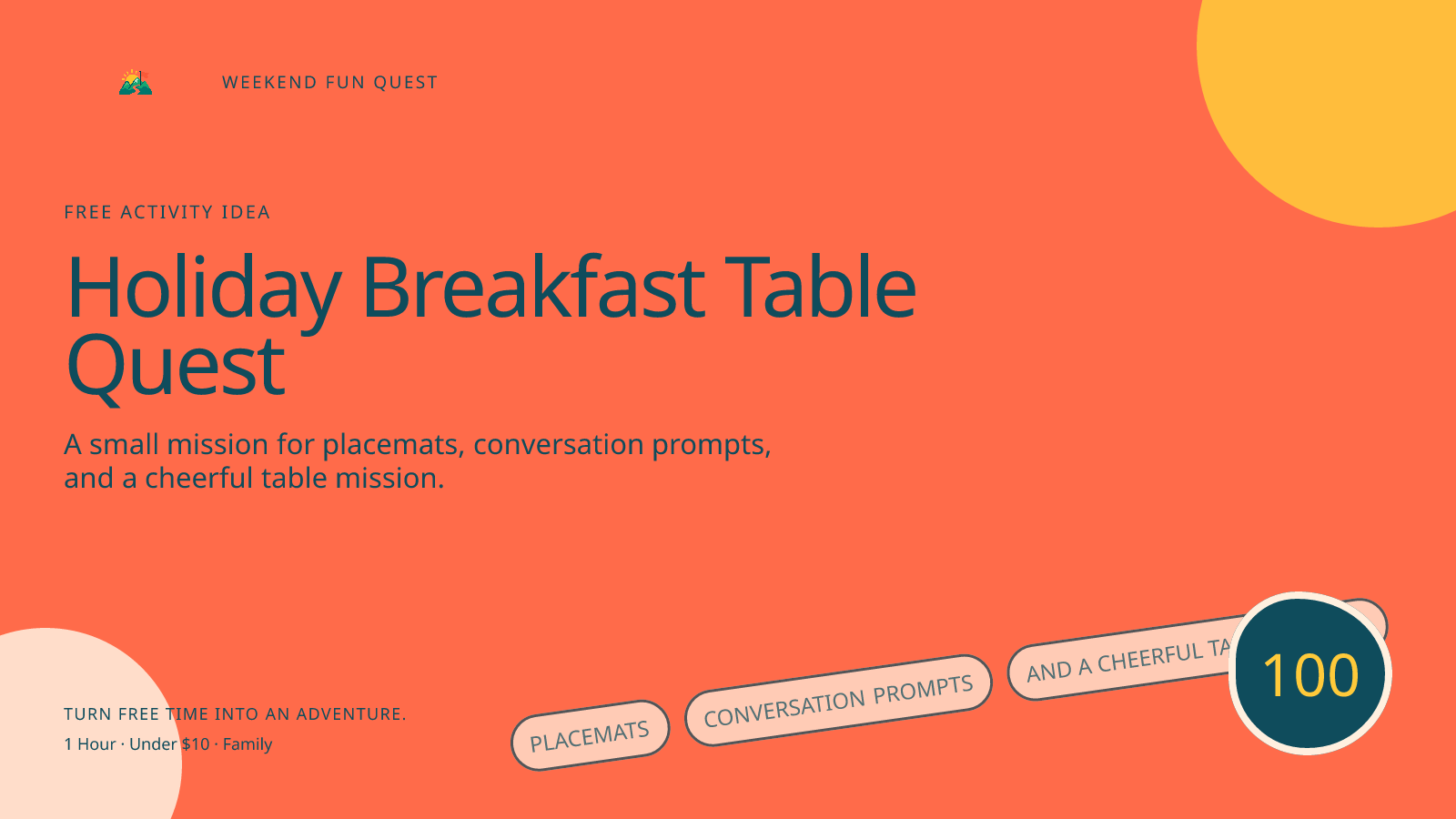 Wide Weekend Fun Quest illustration for holiday breakfast table quest featuring placemats, conversation prompts, and a cheerful table mission