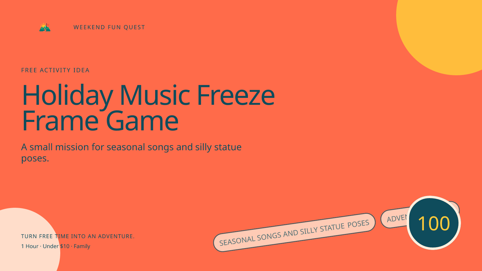 Wide Weekend Fun Quest illustration for holiday music freeze frame game featuring seasonal songs and silly statue poses