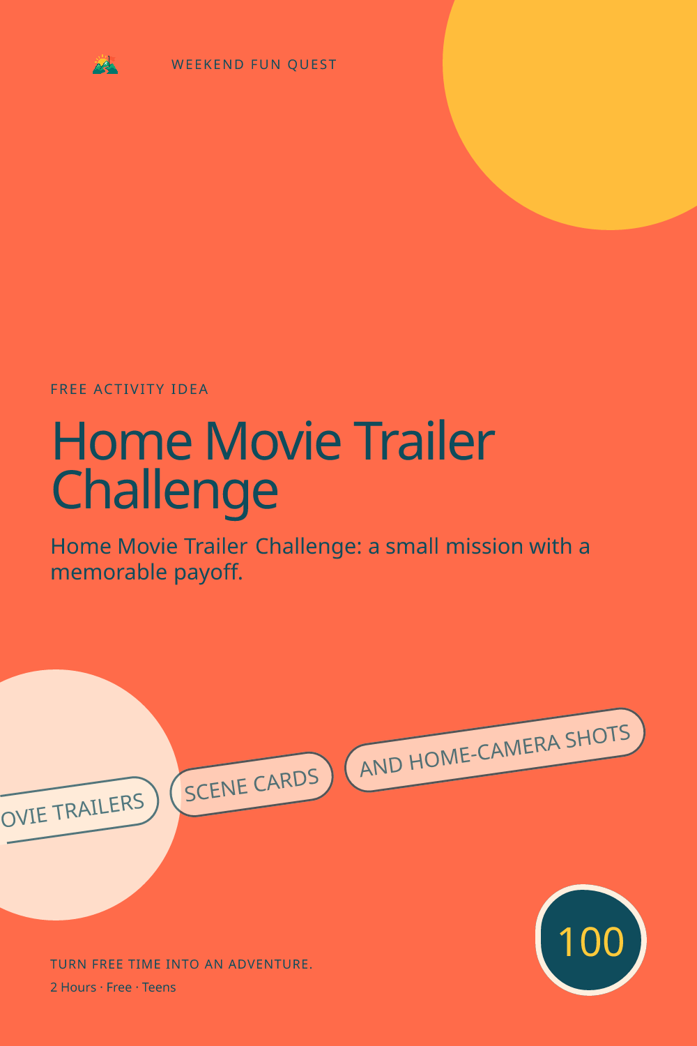Vertical Pinterest activity illustration for home movie trailer challenge featuring movie trailers, scene cards, and home-camera shots