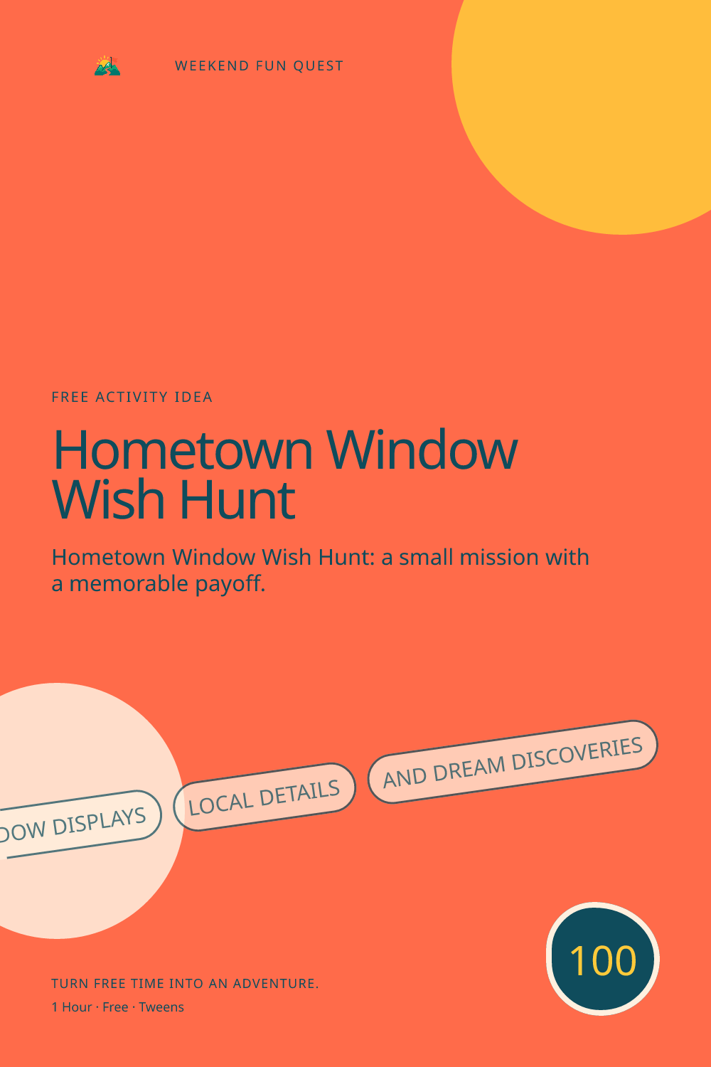 Vertical Pinterest activity illustration for hometown window wish hunt featuring window displays, local details, and dream discoveries